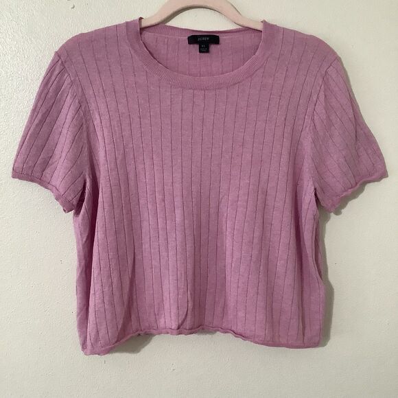 J.Crew Pink Purple Silk Cashmere Blend Knit Quiet Luxury Cropped T Shirt XL - Picture 1 of 7